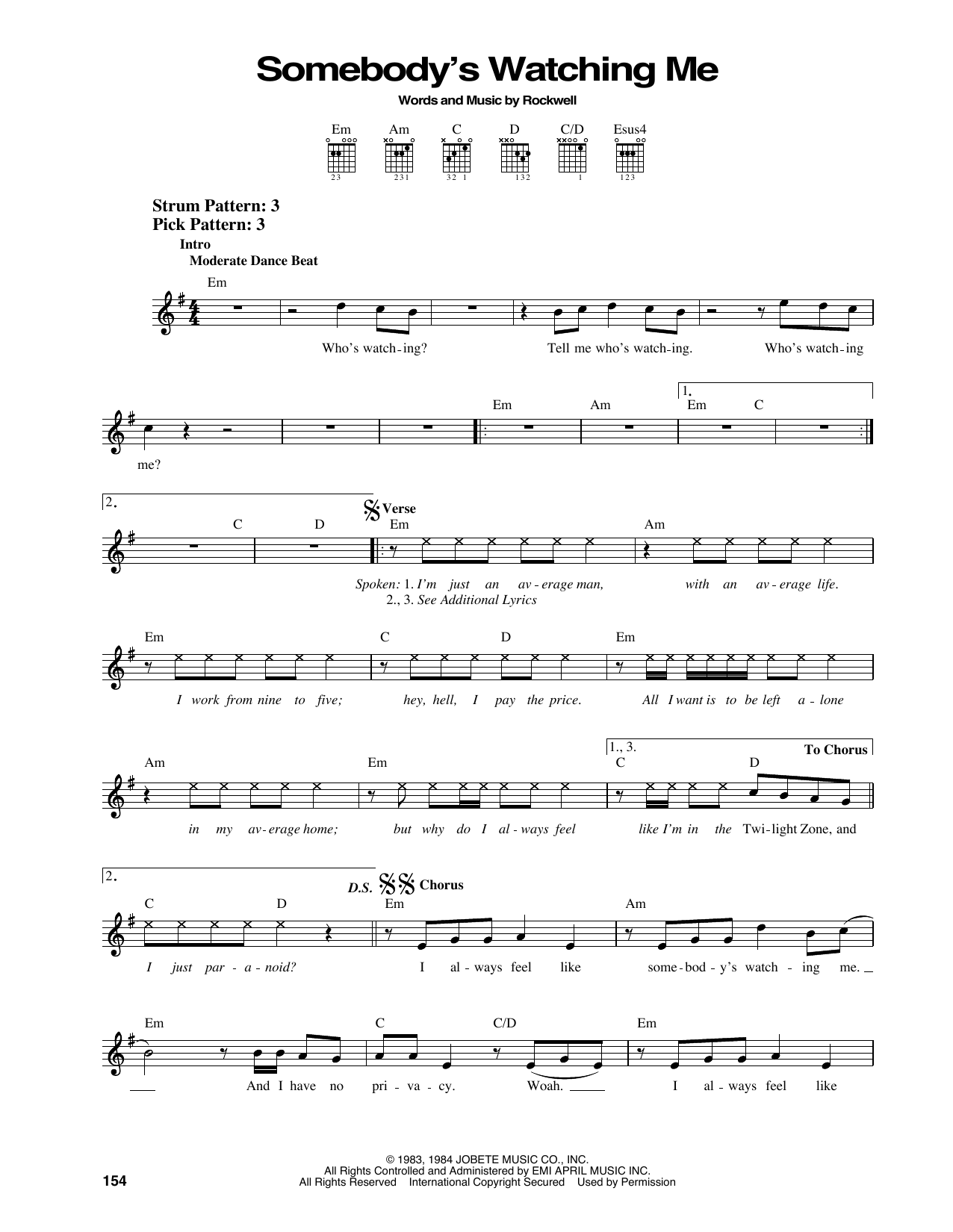 Rockwell Somebody's Watching Me sheet music notes and chords. Download Printable PDF.