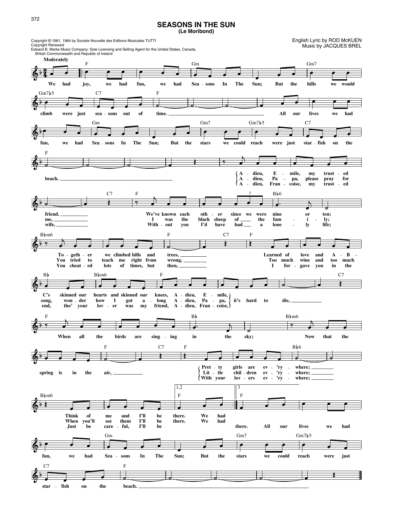 Rod McKuen and Jacques Brel Seasons In The Sun (Le Moribond) sheet music notes and chords. Download Printable PDF.