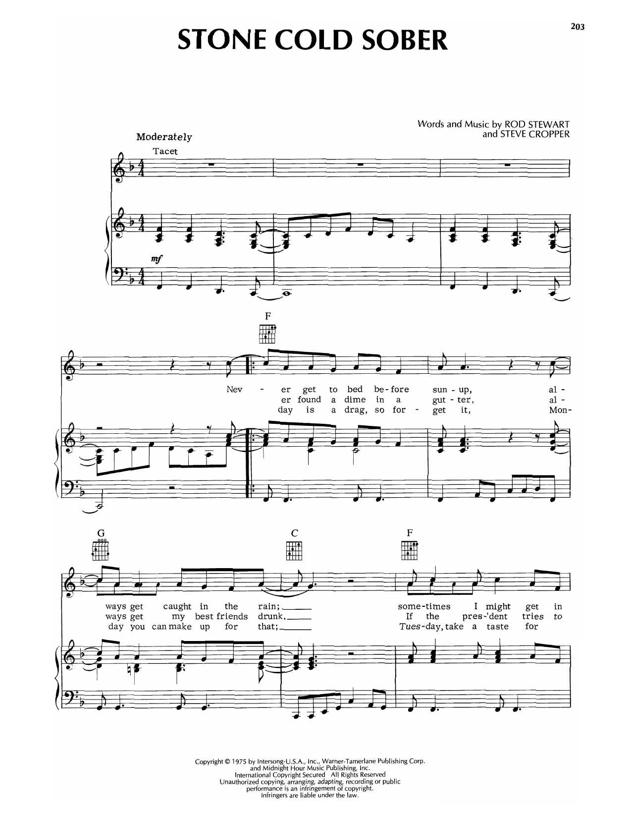 Rod Stewart Stone Cold Sober sheet music notes and chords arranged for Piano, Vocal & Guitar Chords (Right-Hand Melody)