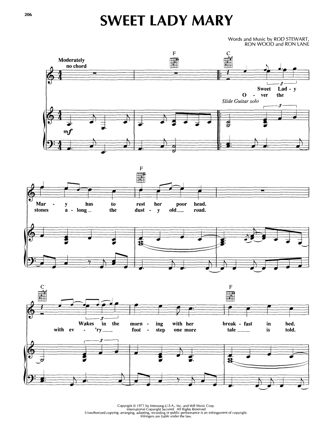 Rod Stewart Sweet Lady Mary sheet music notes and chords arranged for Piano, Vocal & Guitar Chords (Right-Hand Melody)