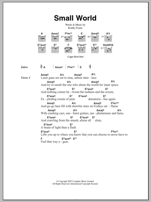 Roddy Frame Small World sheet music notes and chords. Download Printable PDF.