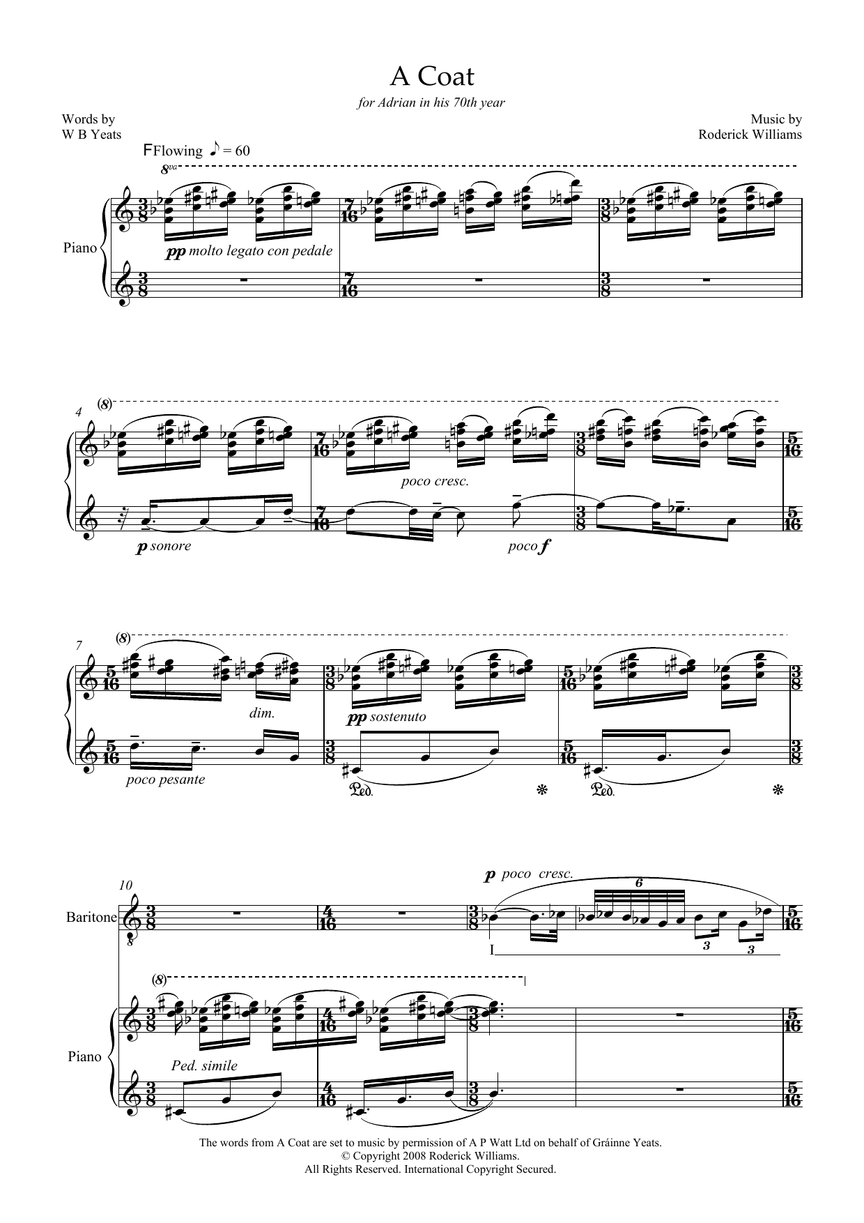 Learn to play Roderick Williams A Coat (for baritone & piano) sheet music for Piano & Vocal in minutes. Price: 7.8900$ Roderick Williams A Coat (for baritone & piano) sheet music notes and chords arranged for Piano & Vocal