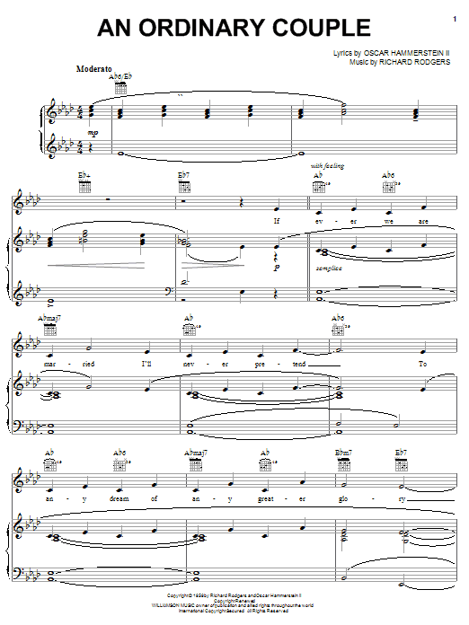 Learn to play Rodgers & Hammerstein An Ordinary Couple sheet music for Piano, Vocal & Guitar Chords (Right-Hand Melody) in minutes. Price: 7.8900$ Rodgers & Hammerstein An Ordinary Couple sheet music notes and chords arranged for Piano, Vocal & Guitar Chords (Right-Hand Melody)