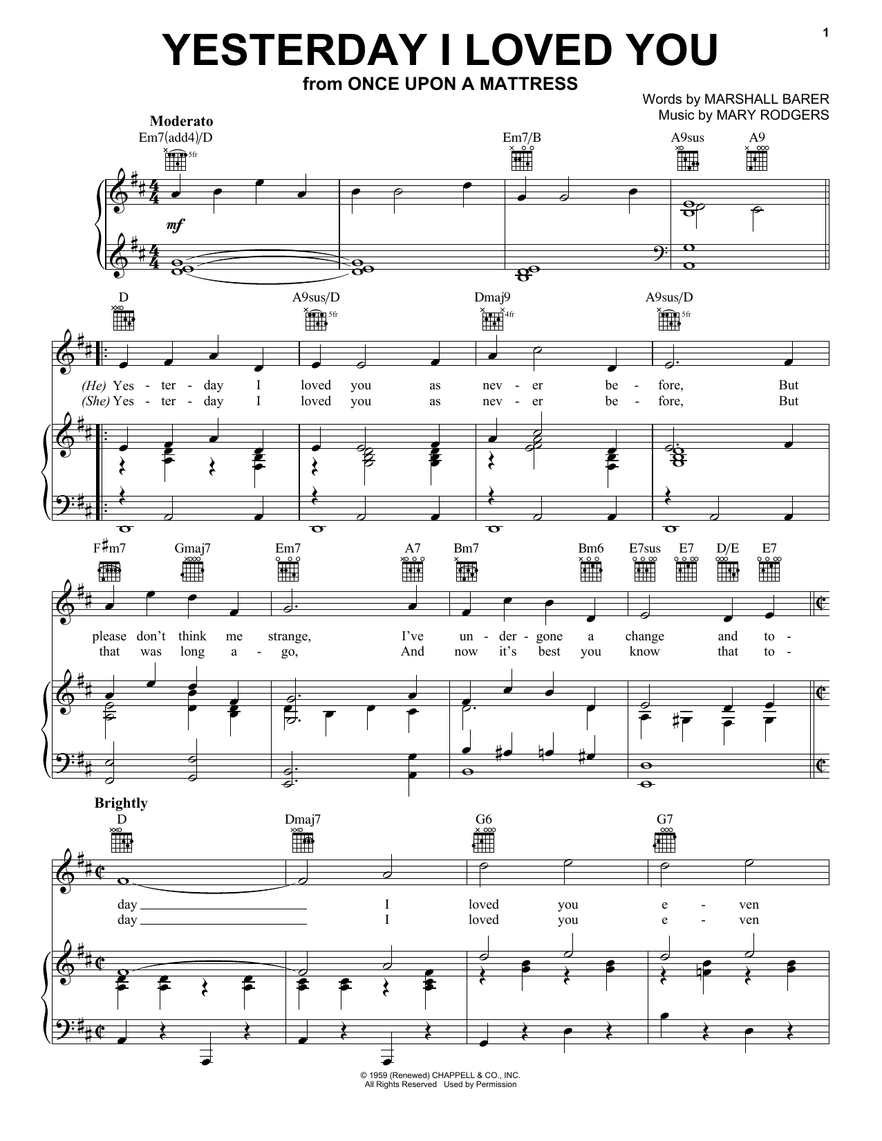 Rodgers & Barer Yesterday I Loved You sheet music notes and chords. Download Printable PDF.