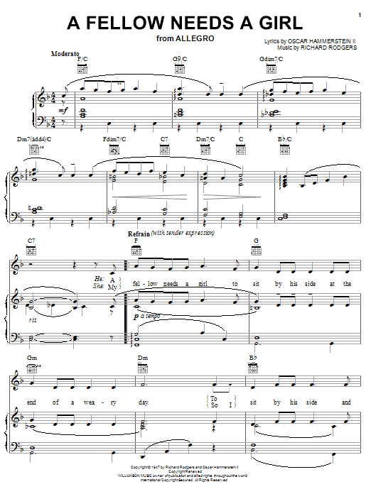 Learn to play Rodgers & Hammerstein A Fellow Needs A Girl sheet music for Piano, Vocal & Guitar Chords (Right-Hand Melody) in minutes. Price: 7.8900$ Rodgers & Hammerstein A Fellow Needs A Girl sheet music notes and chords arranged for Piano, Vocal & Guitar Chords (Right-Hand Melody)