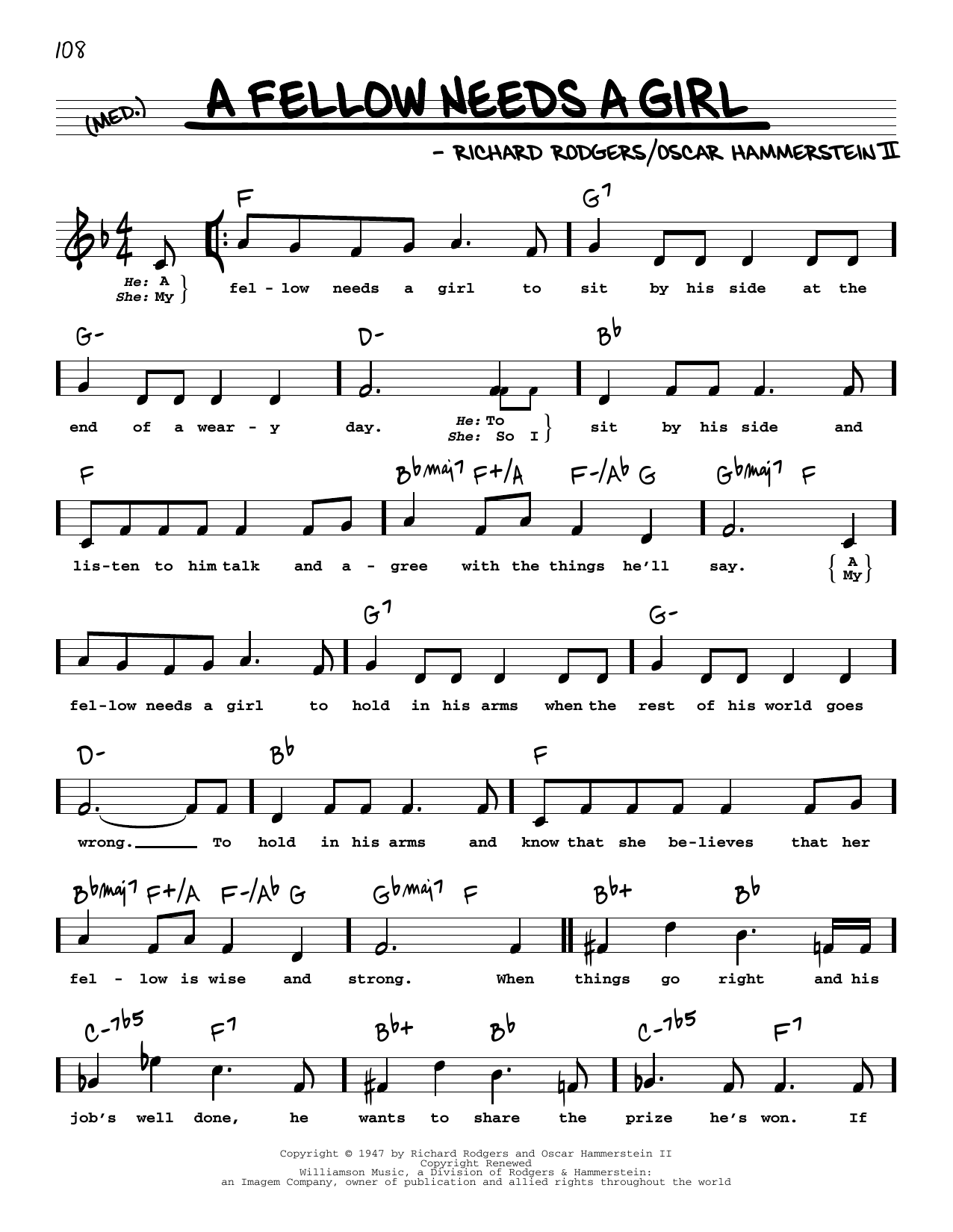 Rodgers & Hammerstein A Fellow Needs A Girl (High Voice) sheet music notes and chords arranged for Real Book – Melody, Lyrics & Chords