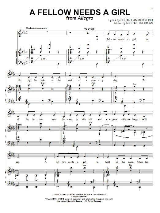 Learn to play Rodgers & Hammerstein A Fellow Needs A Girl sheet music for Piano & Vocal in minutes. Price: 7.8900$ Rodgers & Hammerstein A Fellow Needs A Girl sheet music notes and chords arranged for Piano & Vocal