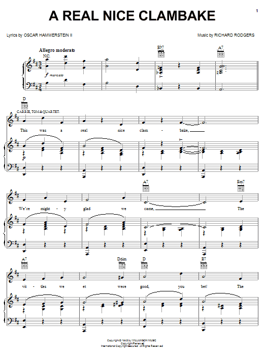 Rodgers & Hammerstein A Real Nice Clambake sheet music notes and chords arranged for Piano, Vocal & Guitar Chords (Right-Hand Melody)