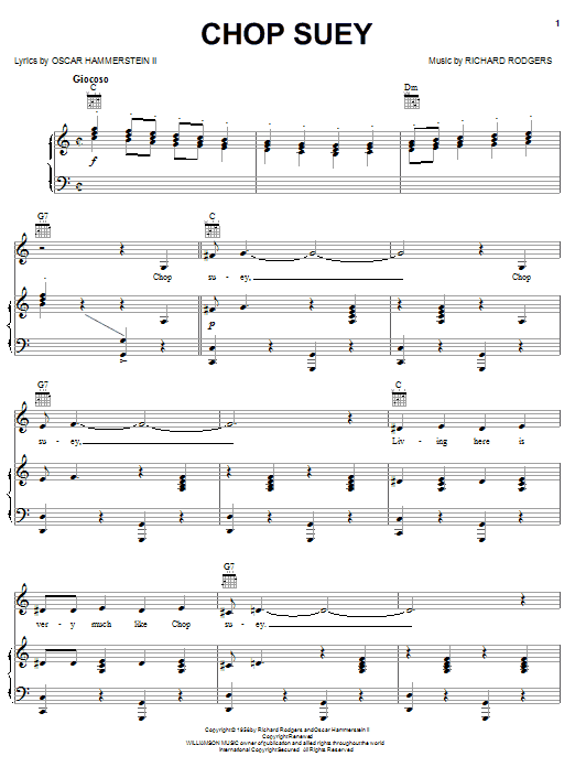 Learn to play Rodgers & Hammerstein Chop Suey sheet music for Piano, Vocal & Guitar Chords (Right-Hand Melody) in minutes. Price: 7.8900$ Rodgers & Hammerstein Chop Suey sheet music notes and chords arranged for Piano, Vocal & Guitar Chords (Right-Hand Melody)