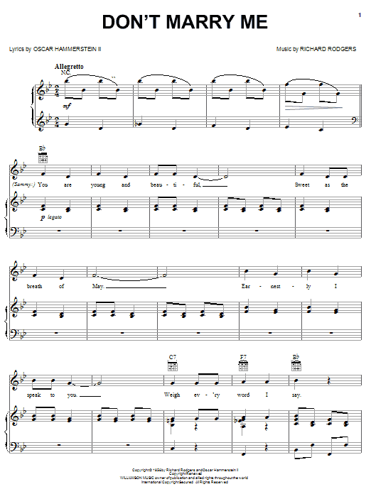 Learn to play Rodgers & Hammerstein Don't Marry Me sheet music for Piano, Vocal & Guitar Chords (Right-Hand Melody) in minutes. Price: 7.8900$ Rodgers & Hammerstein Don't Marry Me sheet music notes and chords arranged for Piano, Vocal & Guitar Chords (Right-Hand Melody)