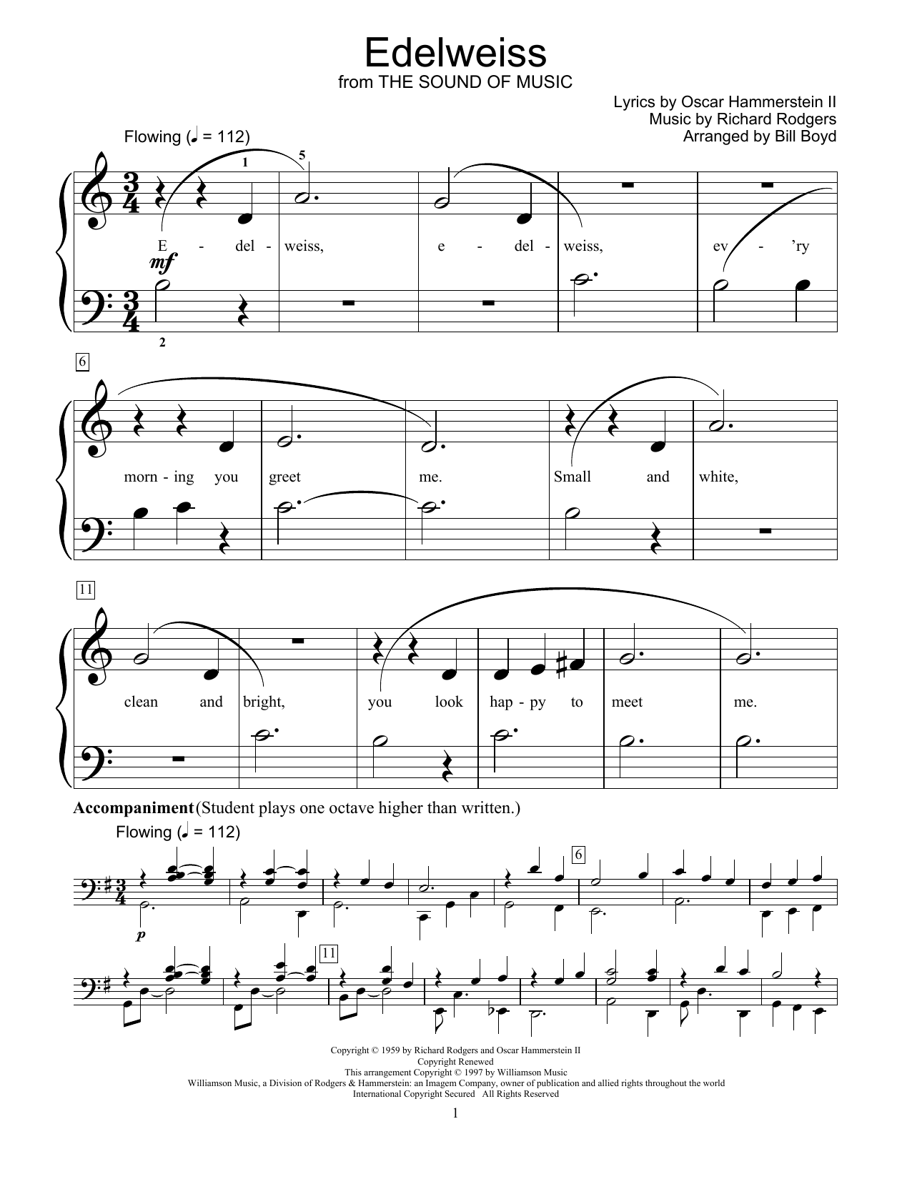 Learn to play Rodgers & Hammerstein Edelweiss (from The Sound Of Music) (arr. Bill Boyd) sheet music for Educational Piano in minutes. Price: 6.9900$ Rodgers & Hammerstein Edelweiss (from The Sound Of Music) (arr. Bill Boyd) sheet music notes and chords arranged for Educational Piano