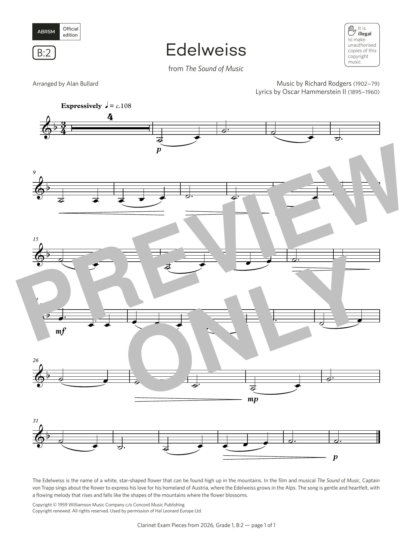 Learn to play Rodgers & Hammerstein Edelweiss (Grade 1, list B2, from the ABRSM Clarinet Syllabus from 2026) sheet music for Clarinet Solo in minutes. Price: 3.9900$ Rodgers & Hammerstein Edelweiss (Grade 1, list B2, from the ABRSM Clarinet Syllabus from 2026) sheet music notes and chords arranged for Clarinet Solo