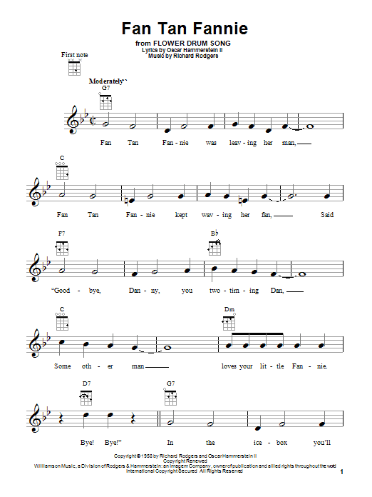 Learn to play Rodgers & Hammerstein Fan Tan Fannie sheet music for Ukulele in minutes. Price: 5.9900$ Rodgers & Hammerstein Fan Tan Fannie sheet music notes and chords arranged for Ukulele