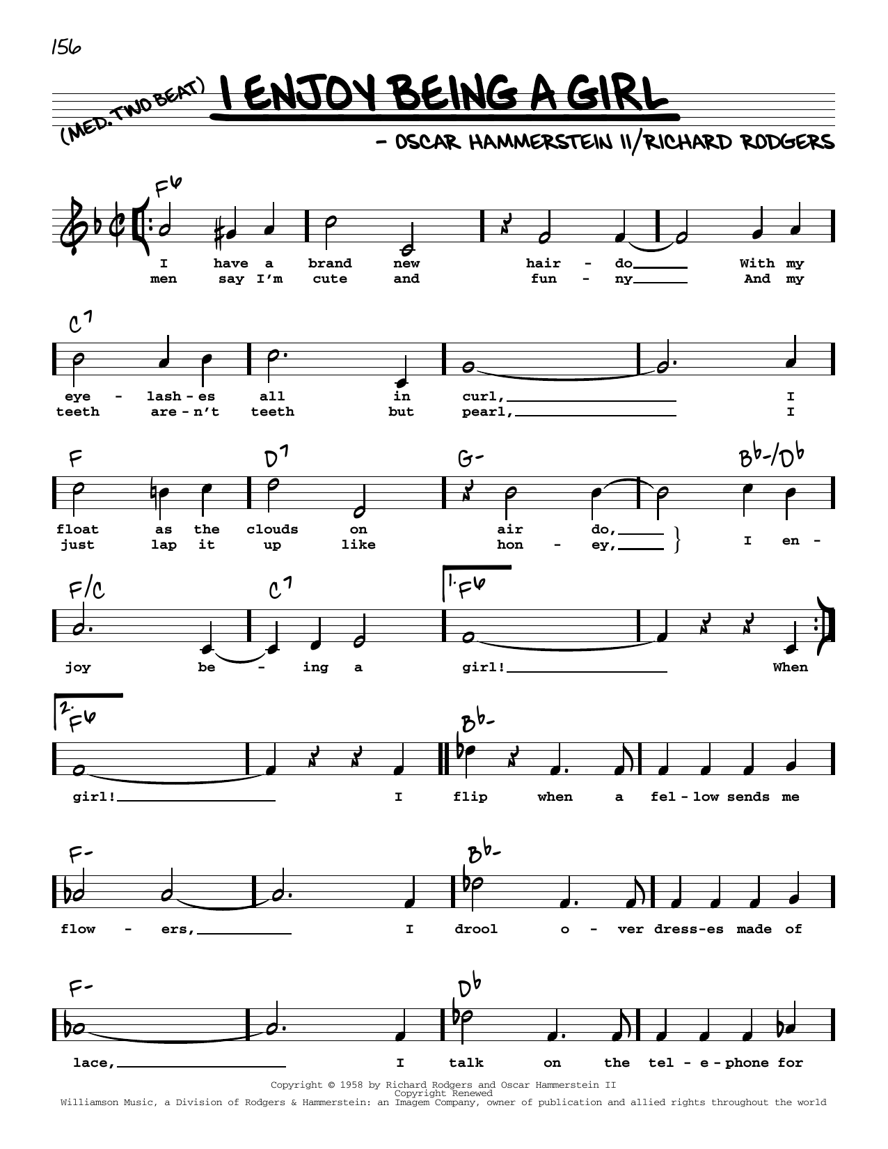 Learn to play Rodgers & Hammerstein I Enjoy Being A Girl (from Flower Drum Song) (High Voice) sheet music for Real Book – Melody, Lyrics & Chords in minutes. Price: 5.9900$ Rodgers & Hammerstein I Enjoy Being A Girl (from Flower Drum Song) (High Voice) sheet music notes and chords arranged for Real Book – Melody, Lyrics & Chords