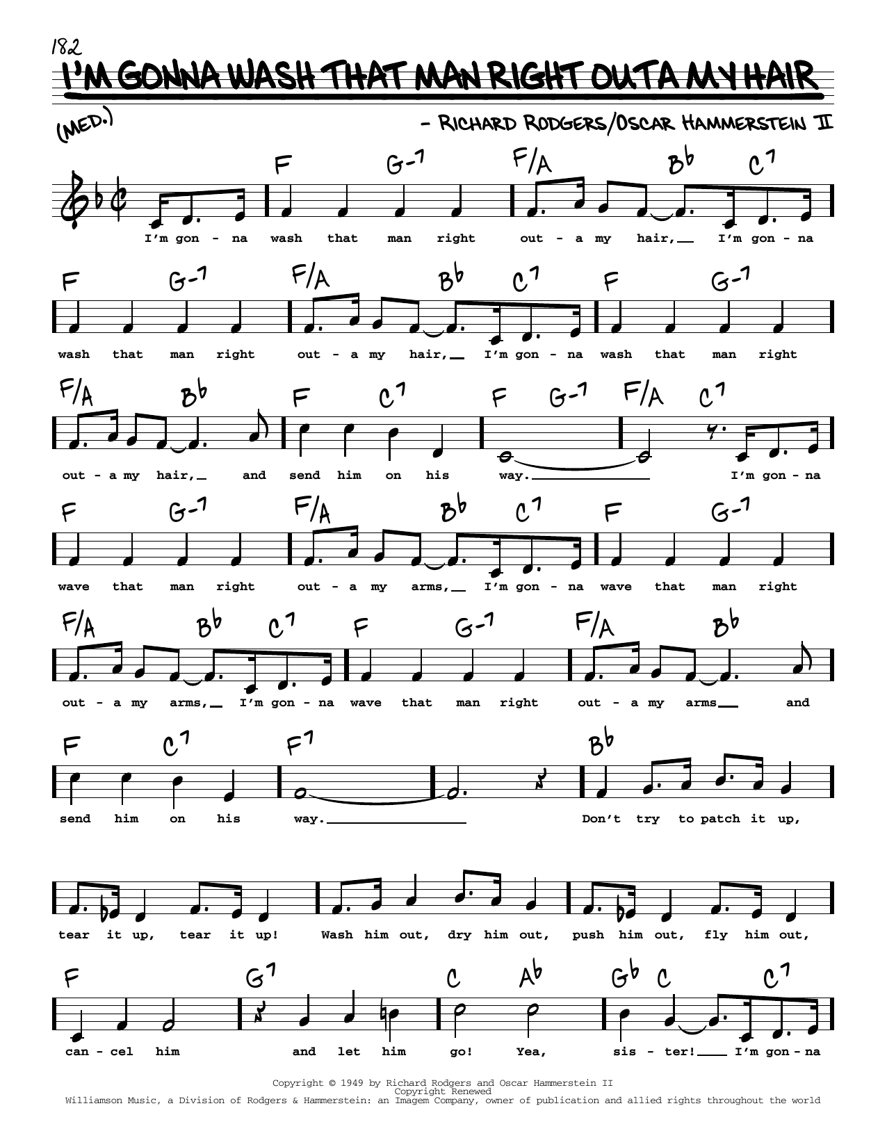 Learn to play Rodgers & Hammerstein I'm Gonna Wash That Man Right Outa My Hair (High Voice) (from South Pacific) sheet music for Real Book – Melody, Lyrics & Chords in minutes. Price: 5.9900$ Rodgers & Hammerstein I'm Gonna Wash That Man Right Outa My Hair (High Voice) (from South Pacific) sheet music notes and chords arranged for Real Book – Melody, Lyrics & Chords