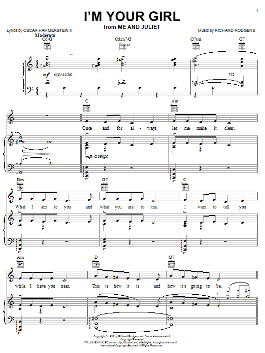 Learn to play Rodgers & Hammerstein I'm Your Girl sheet music for Piano, Vocal & Guitar Chords (Right-Hand Melody) in minutes. Price: 7.8900$ Rodgers & Hammerstein I'm Your Girl sheet music notes and chords arranged for Piano, Vocal & Guitar Chords (Right-Hand Melody)