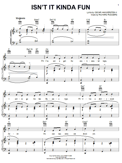 Learn to play Rodgers & Hammerstein Isn't It Kinda Fun sheet music for Piano, Vocal & Guitar Chords (Right-Hand Melody) in minutes. Price: 7.8900$ Rodgers & Hammerstein Isn't It Kinda Fun sheet music notes and chords arranged for Piano, Vocal & Guitar Chords (Right-Hand Melody)
