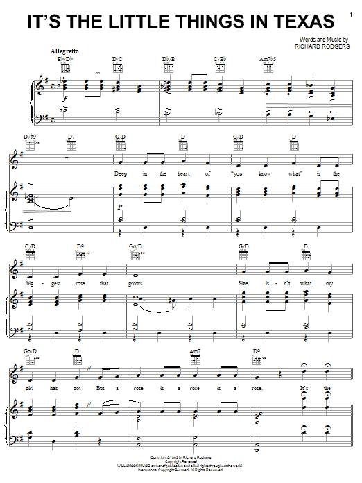 Learn to play Rodgers & Hammerstein It's The Little Things In Texas (from State Fair) sheet music for Piano, Vocal & Guitar Chords (Right-Hand Melody) in minutes. Price: 7.8900$ Rodgers & Hammerstein It's The Little Things In Texas (from State Fair) sheet music notes and chords arranged for Piano, Vocal & Guitar Chords (Right-Hand Melody)