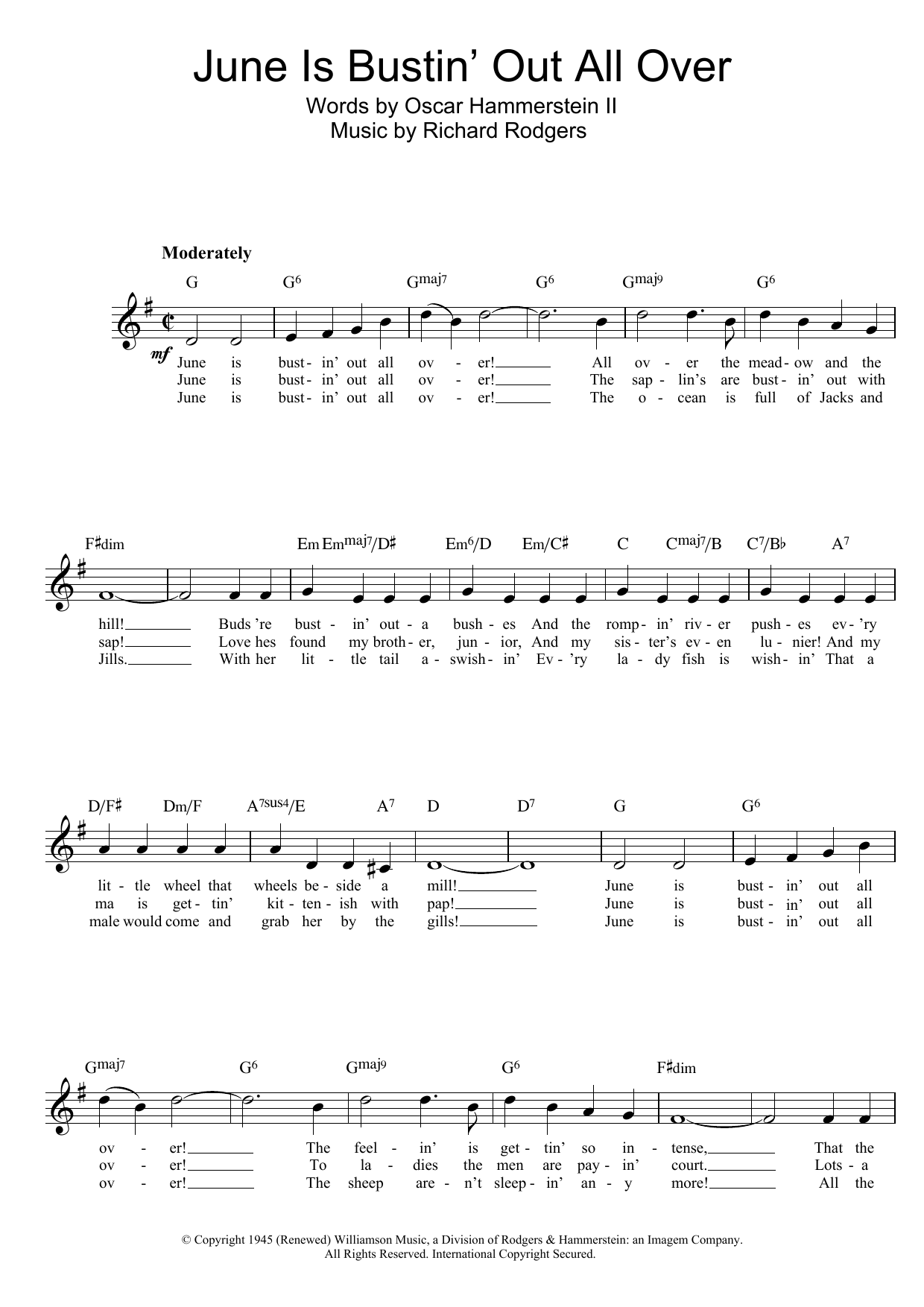 Learn to play Oscar Hammerstein II June Is Bustin' Out All Over (from Carousel) sheet music for Lead Sheet / Fake Book in minutes. Price: 5.9900$ Oscar Hammerstein II June Is Bustin' Out All Over (from Carousel) sheet music notes and chords arranged for Lead Sheet / Fake Book