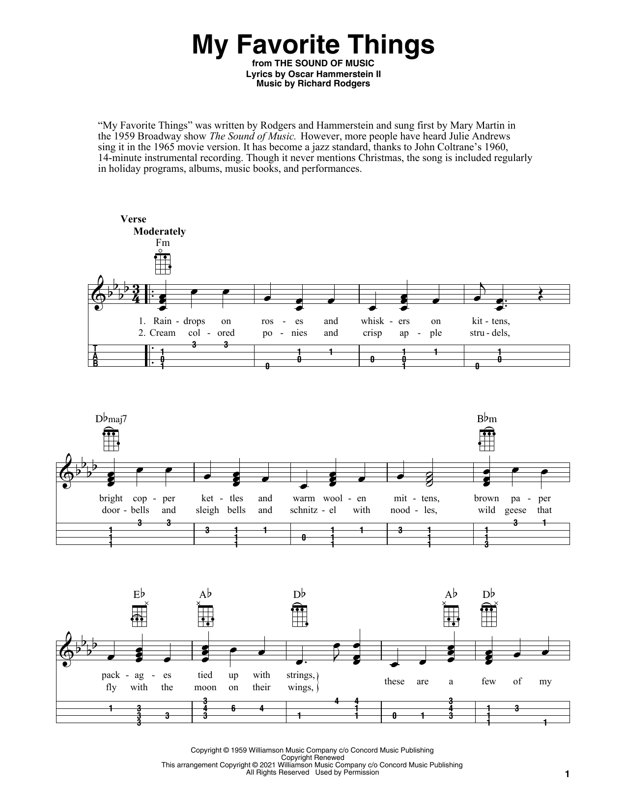 Learn to play Rodgers & Hammerstein My Favorite Things (arr. Fred Sokolow) sheet music for Ukulele in minutes. Price: 5.9900$ Rodgers & Hammerstein My Favorite Things (arr. Fred Sokolow) sheet music notes and chords arranged for Ukulele
