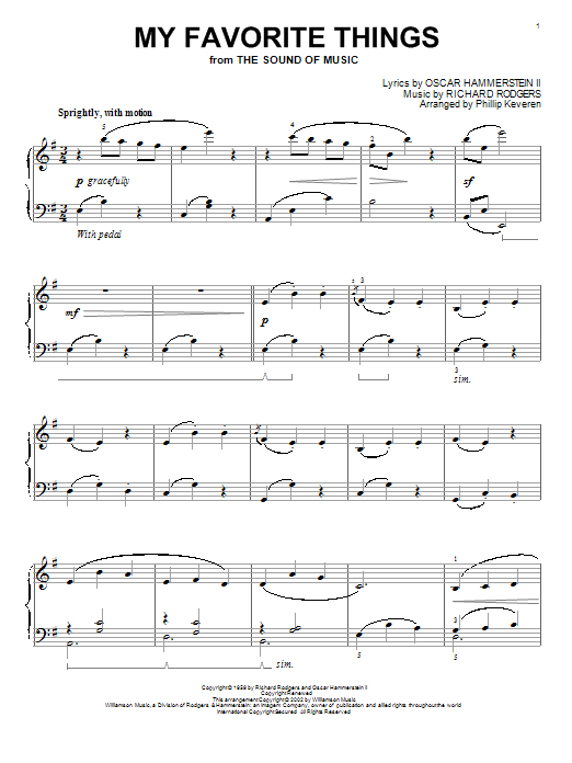 Learn to play Rodgers & Hammerstein My Favorite Things (from The Sound Of Music) sheet music for Beginning Piano Solo in minutes. Price: 6.9900$ Rodgers & Hammerstein My Favorite Things (from The Sound Of Music) sheet music notes and chords arranged for Beginning Piano Solo