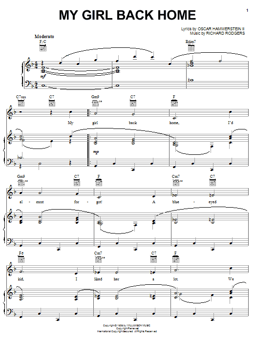 Learn to play Rodgers & Hammerstein My Girl Back Home sheet music for Piano, Vocal & Guitar Chords (Right-Hand Melody) in minutes. Price: 7.8900$ Rodgers & Hammerstein My Girl Back Home sheet music notes and chords arranged for Piano, Vocal & Guitar Chords (Right-Hand Melody)