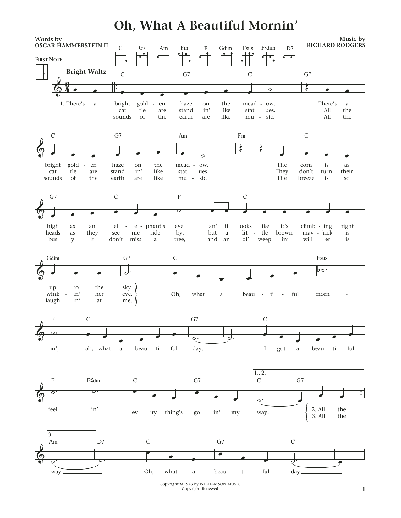 Learn to play Rodgers & Hammerstein Oh, What A Beautiful Mornin' (from Oklahoma!) (arr. Liz and Jim Beloff) sheet music for Ukulele in minutes. Price: 5.9900$ Rodgers & Hammerstein Oh, What A Beautiful Mornin' (from Oklahoma!) (arr. Liz and Jim Beloff) sheet music notes and chords arranged for Ukulele