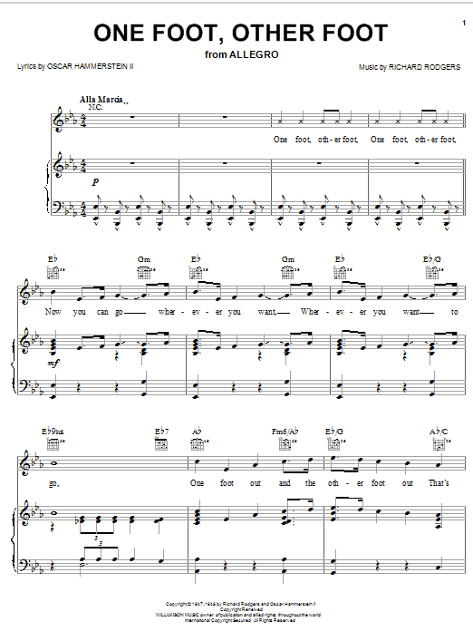 Learn to play Rodgers & Hammerstein One Foot, Other Foot (from Allegro) sheet music for Piano, Vocal & Guitar Chords (Right-Hand Melody) in minutes. Price: 7.8900$ Rodgers & Hammerstein One Foot, Other Foot (from Allegro) sheet music notes and chords arranged for Piano, Vocal & Guitar Chords (Right-Hand Melody)