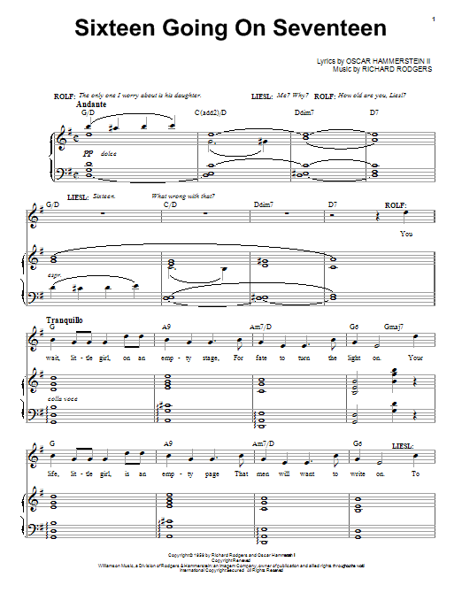 Rodgers & Hammerstein Sixteen Going On Seventeen sheet music notes and chords. Download Printable PDF.