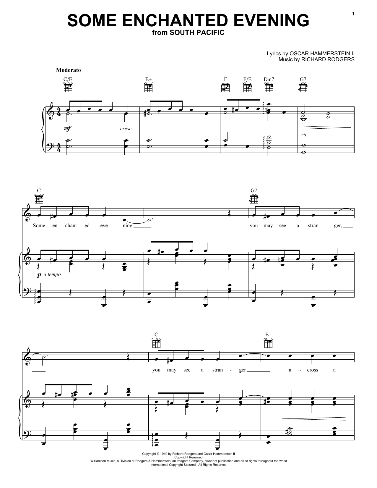 Rodgers & Hammerstein Some Enchanted Evening (from South Pacific) sheet music notes and chords. Download Printable PDF.