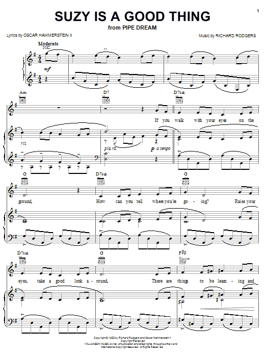 Learn to play Rodgers & Hammerstein Suzy Is A Good Thing sheet music for Piano, Vocal & Guitar Chords (Right-Hand Melody) in minutes. Price: 7.8900$ Rodgers & Hammerstein Suzy Is A Good Thing sheet music notes and chords arranged for Piano, Vocal & Guitar Chords (Right-Hand Melody)
