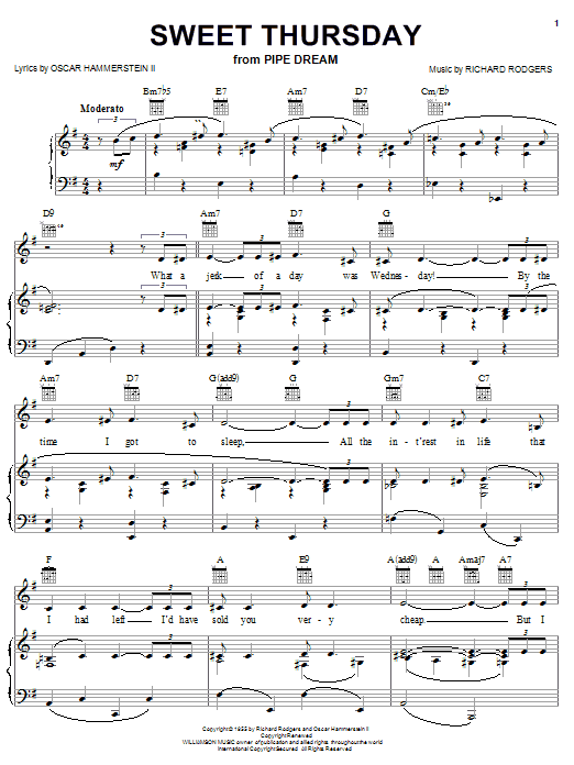 Learn to play Rodgers & Hammerstein Sweet Thursday sheet music for Piano, Vocal & Guitar Chords (Right-Hand Melody) in minutes. Price: 7.8900$ Rodgers & Hammerstein Sweet Thursday sheet music notes and chords arranged for Piano, Vocal & Guitar Chords (Right-Hand Melody)