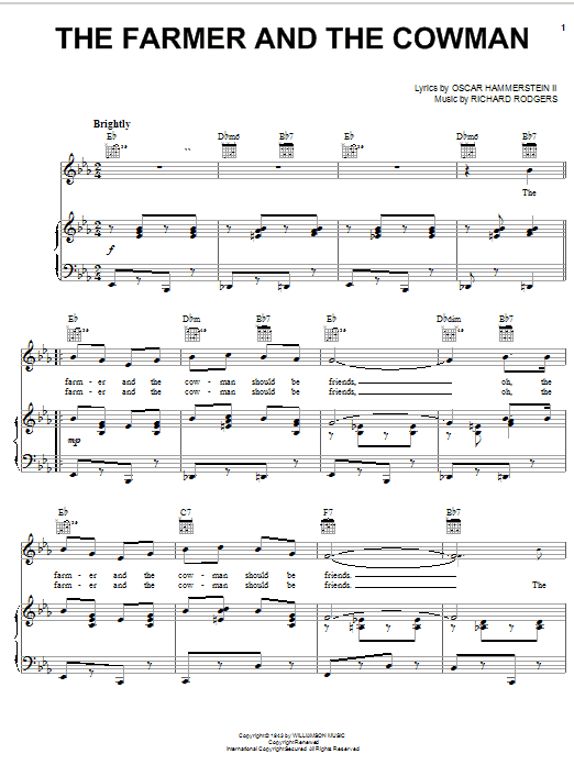 Learn to play Rodgers & Hammerstein The Farmer And The Cowman (from Oklahoma!) sheet music for Piano, Vocal & Guitar Chords (Right-Hand Melody) in minutes. Price: 7.8900$ Rodgers & Hammerstein The Farmer And The Cowman (from Oklahoma!) sheet music notes and chords arranged for Piano, Vocal & Guitar Chords (Right-Hand Melody)
