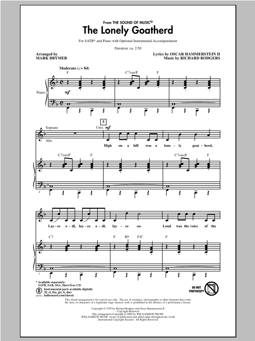 Rodgers & Hammerstein The Lonely Goatherd (from The Sound of Music) (arr. Mark Brymer) sheet music notes and chords. Download Printable PDF.