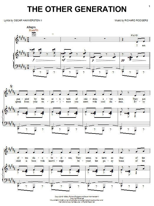 Learn to play Rodgers & Hammerstein The Other Generation sheet music for Piano, Vocal & Guitar Chords (Right-Hand Melody) in minutes. Price: 7.8900$ Rodgers & Hammerstein The Other Generation sheet music notes and chords arranged for Piano, Vocal & Guitar Chords (Right-Hand Melody)