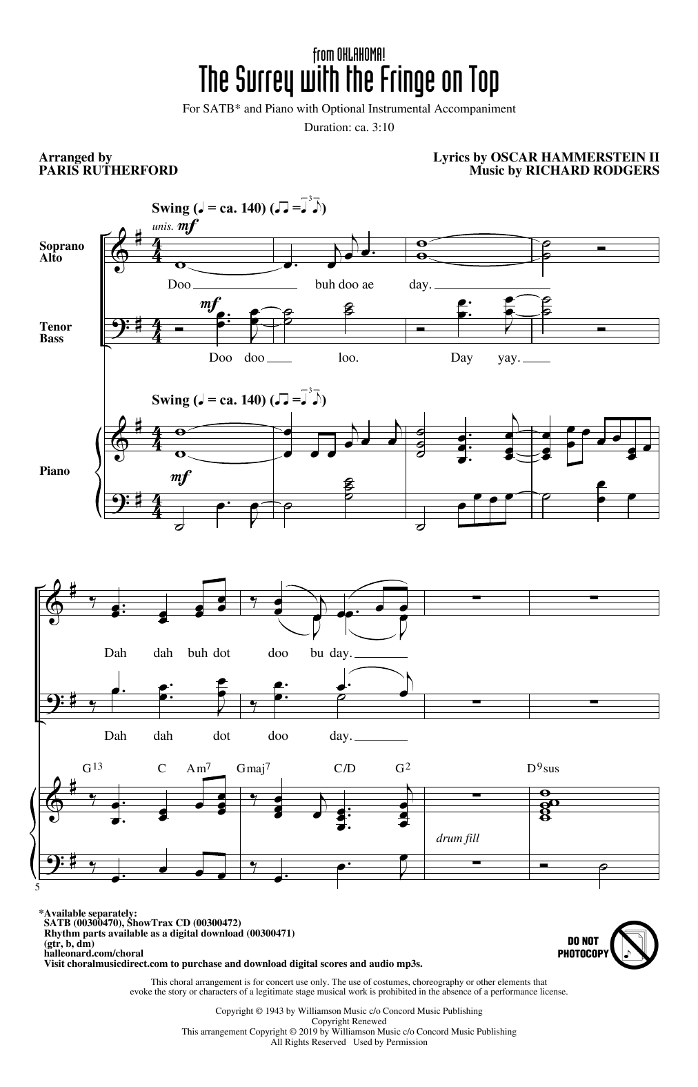 Learn to play Rodgers & Hammerstein The Surrey With The Fringe On Top (from Oklahoma!) (arr. Paris Rutherford) sheet music for SATB Choir in minutes. Price: 3.9900$ Rodgers & Hammerstein The Surrey With The Fringe On Top (from Oklahoma!) (arr. Paris Rutherford) sheet music notes and chords arranged for SATB Choir
