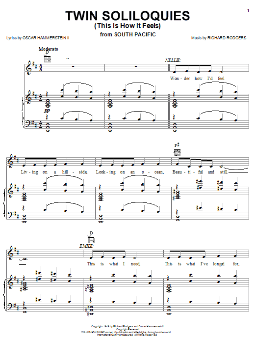 Learn to play Rodgers & Hammerstein Twin Soliloquies (This Is How It Feels) sheet music for Piano, Vocal & Guitar Chords (Right-Hand Melody) in minutes. Price: 7.8900$ Rodgers & Hammerstein Twin Soliloquies (This Is How It Feels) sheet music notes and chords arranged for Piano, Vocal & Guitar Chords (Right-Hand Melody)