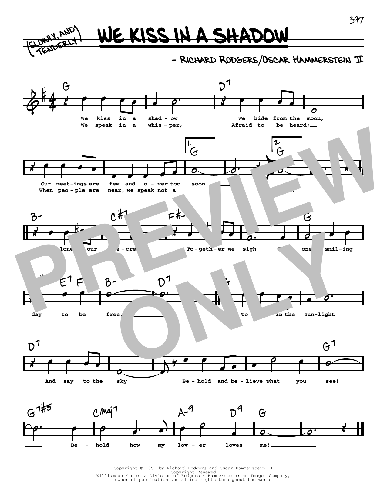 Learn to play Rodgers & Hammerstein We Kiss In A Shadow (High Voice) sheet music for Real Book – Melody, Lyrics & Chords in minutes. Price: 5.9900$ Rodgers & Hammerstein We Kiss In A Shadow (High Voice) sheet music notes and chords arranged for Real Book – Melody, Lyrics & Chords
