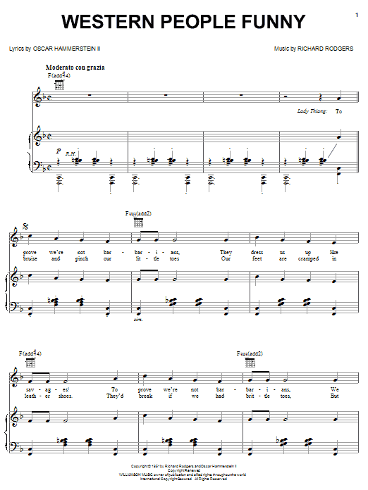 Learn to play Rodgers & Hammerstein Western People Funny sheet music for Piano, Vocal & Guitar Chords (Right-Hand Melody) in minutes. Price: 7.8900$ Rodgers & Hammerstein Western People Funny sheet music notes and chords arranged for Piano, Vocal & Guitar Chords (Right-Hand Melody)