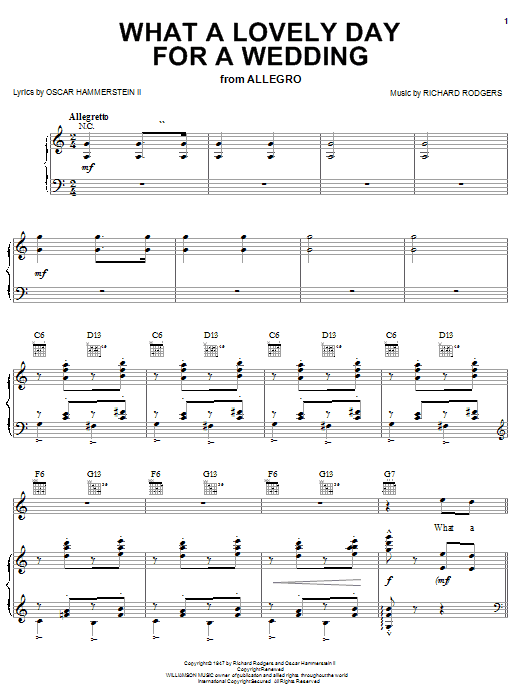 Rodgers & Hammerstein What A Lovely Day For A Wedding (from Allegro) sheet music notes and chords arranged for Piano, Vocal & Guitar Chords (Right-Hand Melody)