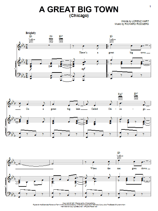 Learn to play Rodgers & Hart A Great Big Town (Chicago) sheet music for Piano, Vocal & Guitar Chords (Right-Hand Melody) in minutes. Price: 7.8900$ Rodgers & Hart A Great Big Town (Chicago) sheet music notes and chords arranged for Piano, Vocal & Guitar Chords (Right-Hand Melody)