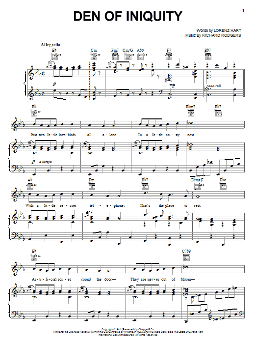 Learn to play Rodgers & Hart Den Of Iniquity sheet music for Piano, Vocal & Guitar Chords (Right-Hand Melody) in minutes. Price: 7.8900$ Rodgers & Hart Den Of Iniquity sheet music notes and chords arranged for Piano, Vocal & Guitar Chords (Right-Hand Melody)