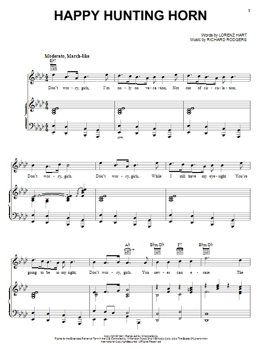 Learn to play Rodgers & Hart Happy Hunting Horn sheet music for Piano, Vocal & Guitar Chords (Right-Hand Melody) in minutes. Price: 7.8900$ Rodgers & Hart Happy Hunting Horn sheet music notes and chords arranged for Piano, Vocal & Guitar Chords (Right-Hand Melody)