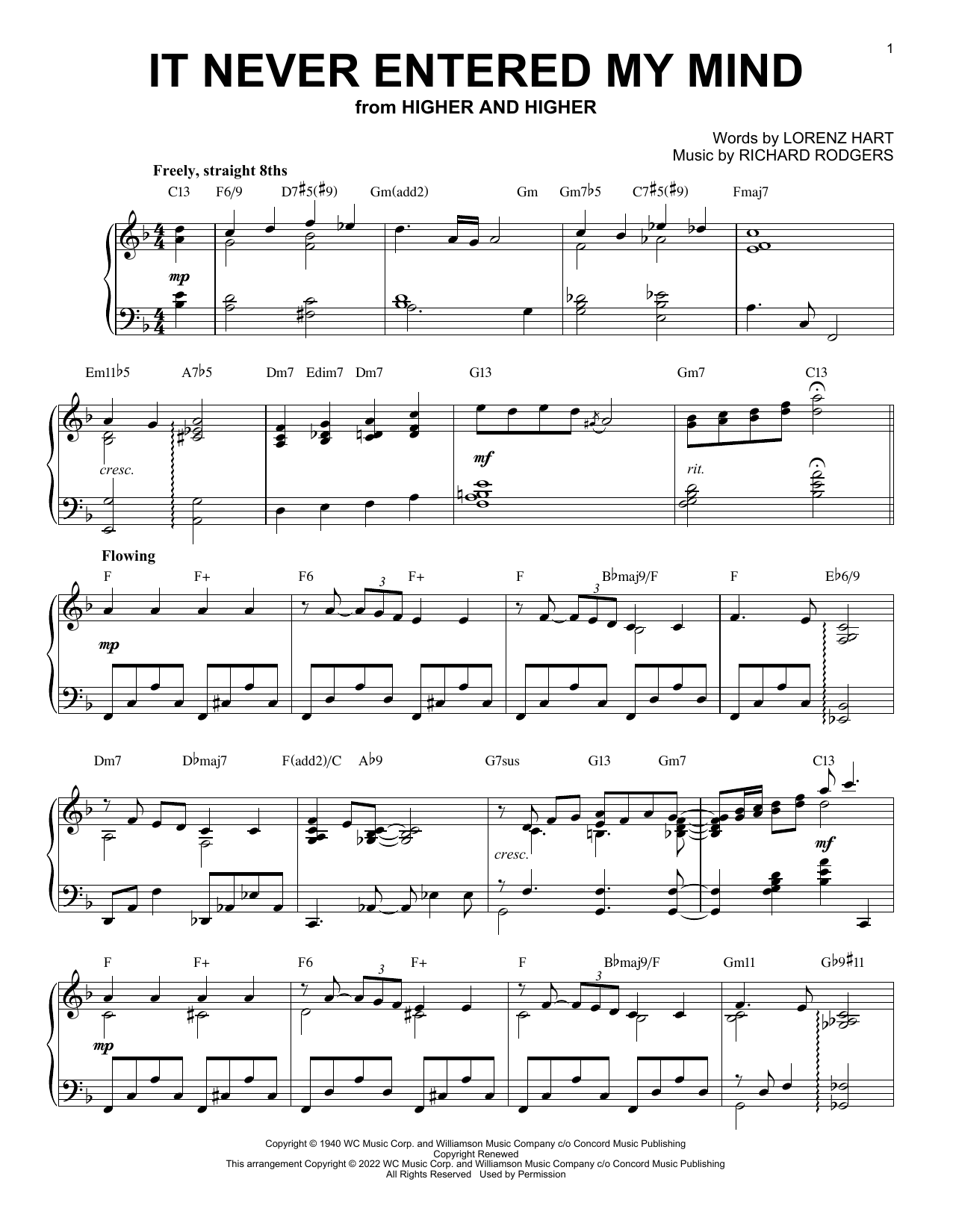 Rodgers & Hart It Never Entered My Mind [Jazz version] (from Higher And Higher) (arr. Brent Edstrom) sheet music notes and chords. Download Printable PDF.