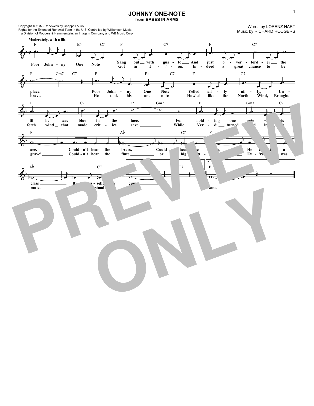Learn to play Rodgers & Hart Johnny One-Note sheet music for Piano, Vocal & Guitar Chords (Right-Hand Melody) in minutes. Price: 7.8900$ Rodgers & Hart Johnny One-Note sheet music notes and chords arranged for Piano, Vocal & Guitar Chords (Right-Hand Melody)