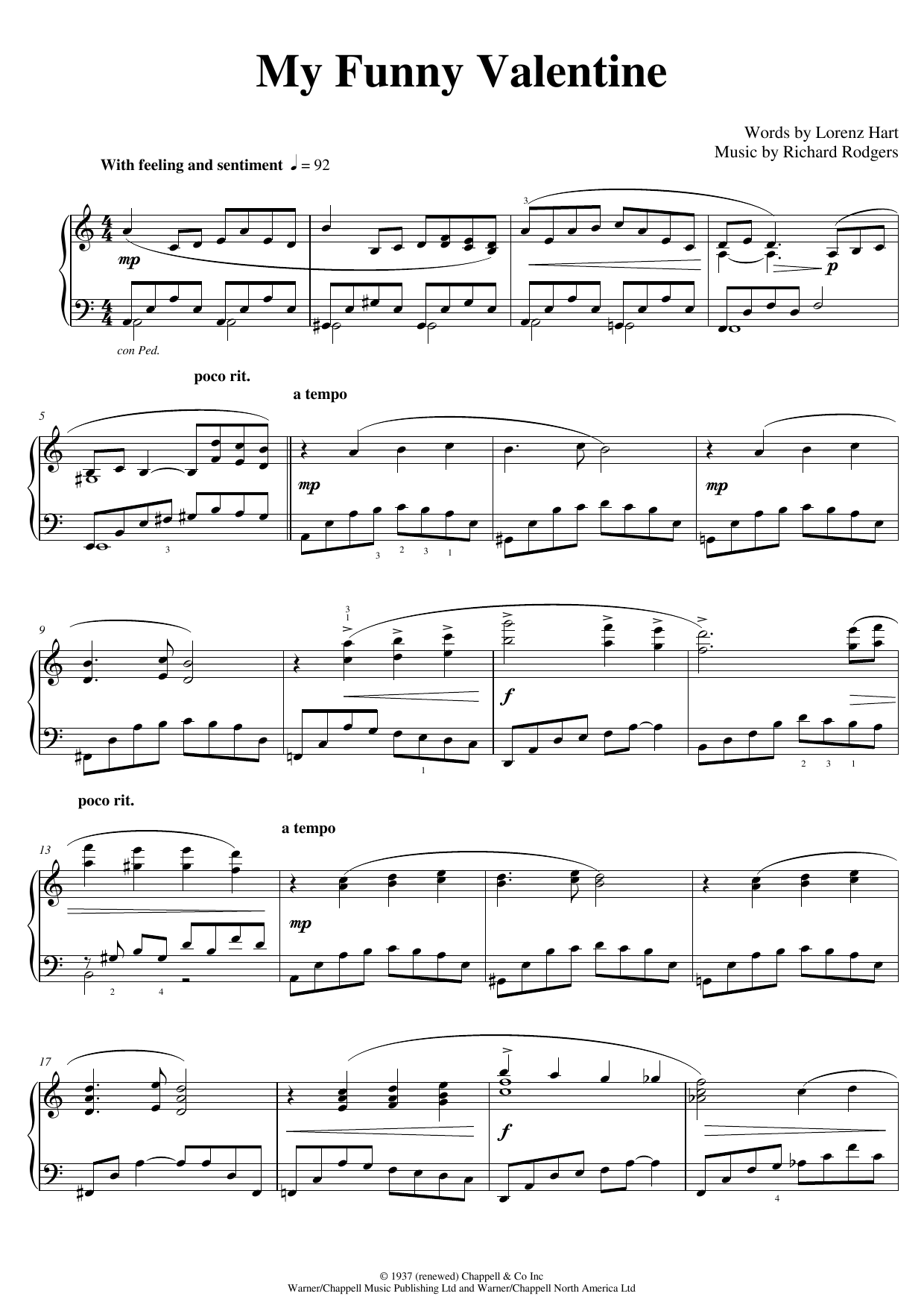 Pam Wedgwood My Funny Valentine sheet music notes and chords arranged for Piano Solo