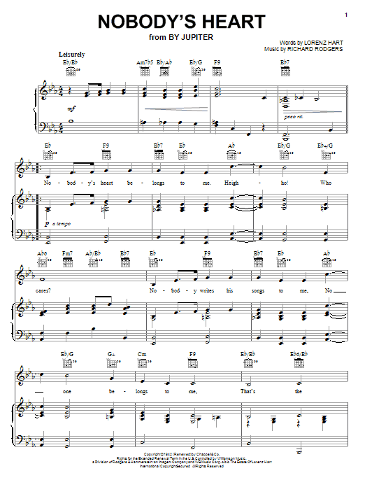 Learn to play Rodgers & Hart Nobody's Heart sheet music for Real Book – Melody & Chords in minutes. Price: 5.9900$ Rodgers & Hart Nobody's Heart sheet music notes and chords arranged for Real Book – Melody & Chords