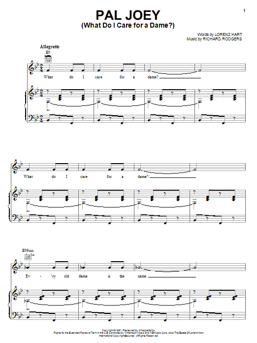 Learn to play Rodgers & Hart Pal Joey (What Do I Care For A Dame?) sheet music for Piano, Vocal & Guitar Chords (Right-Hand Melody) in minutes. Price: 7.8900$ Rodgers & Hart Pal Joey (What Do I Care For A Dame?) sheet music notes and chords arranged for Piano, Vocal & Guitar Chords (Right-Hand Melody)