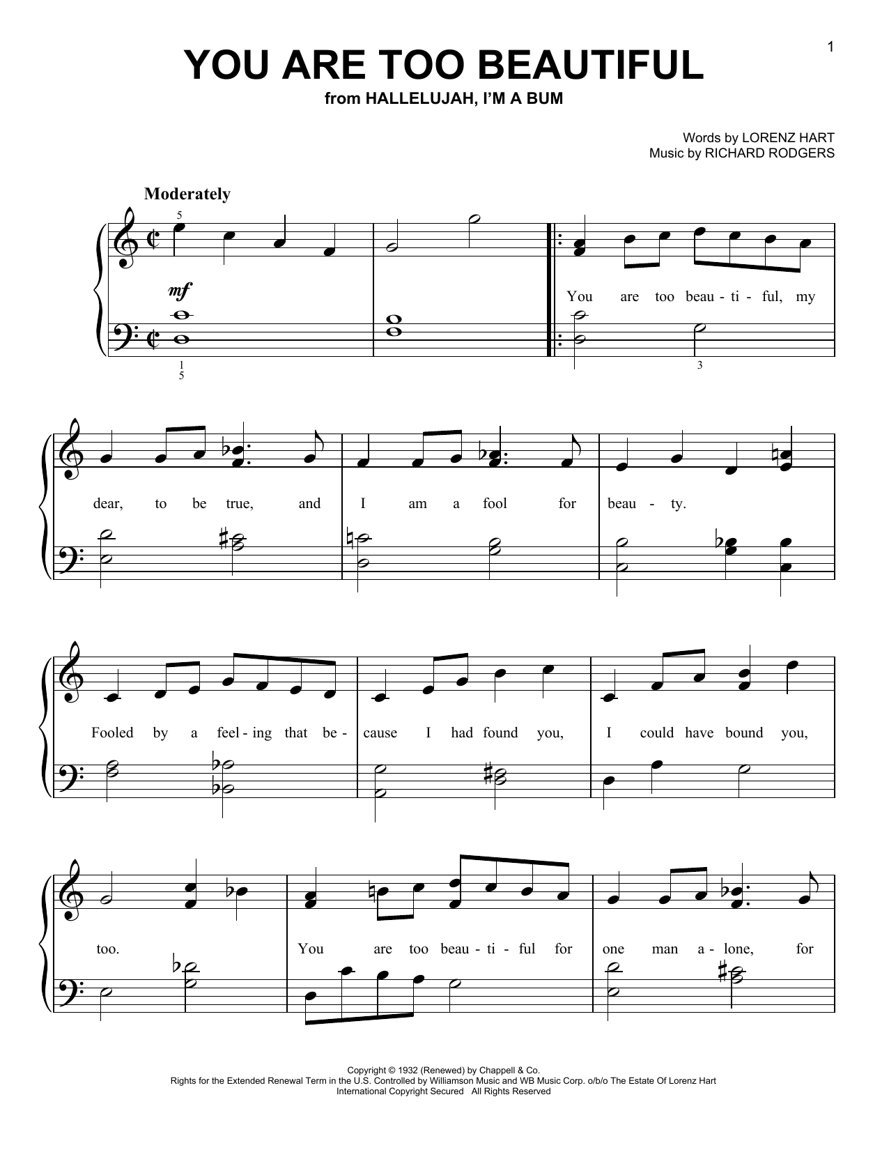 Rodgers & Hart You Are Too Beautiful sheet music notes and chords. Download Printable PDF.