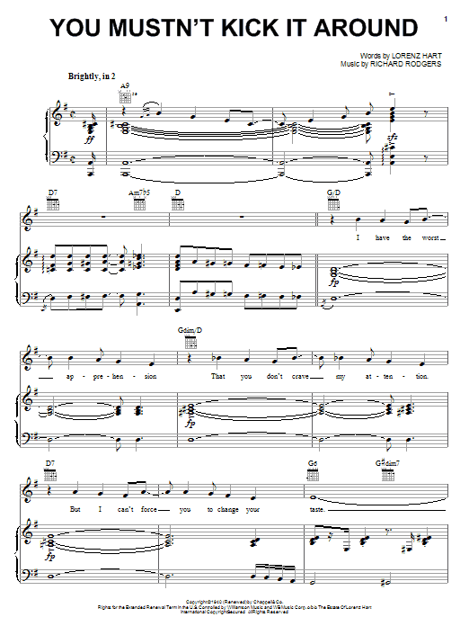 Learn to play Rodgers & Hart You Mustn't Kick It Around sheet music for Piano, Vocal & Guitar Chords (Right-Hand Melody) in minutes. Price: 7.8900$ Rodgers & Hart You Mustn't Kick It Around sheet music notes and chords arranged for Piano, Vocal & Guitar Chords (Right-Hand Melody)